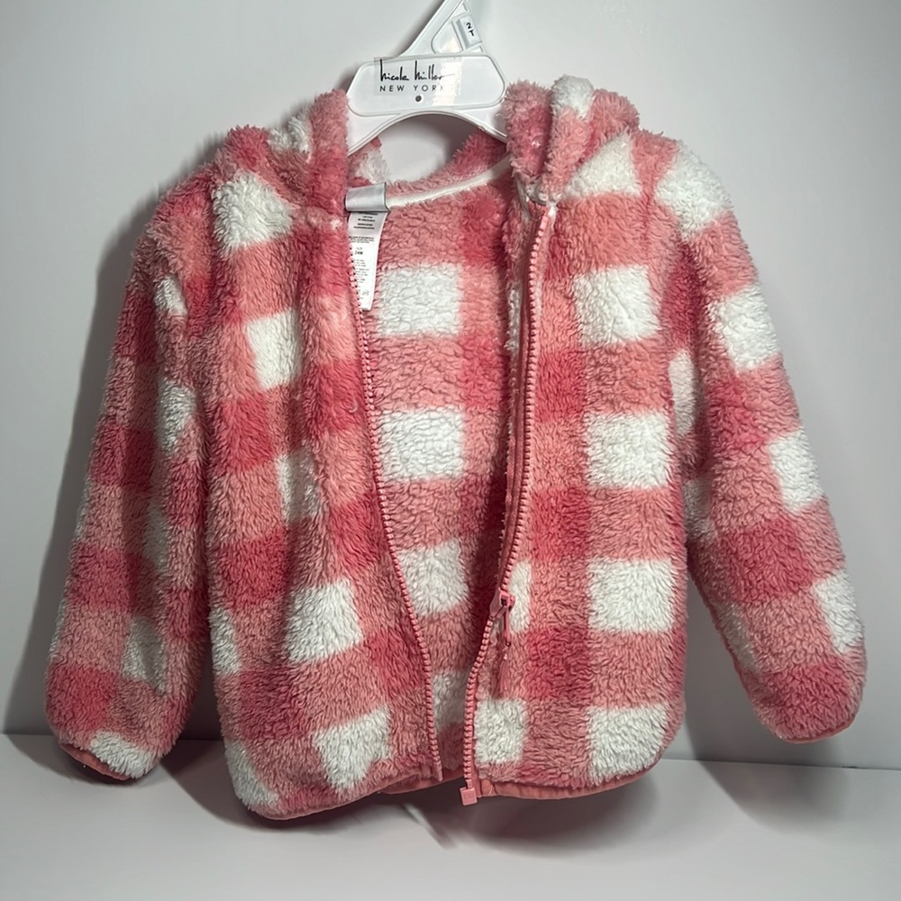 Little Me pink and white checker cozy Fleece zip up jacket